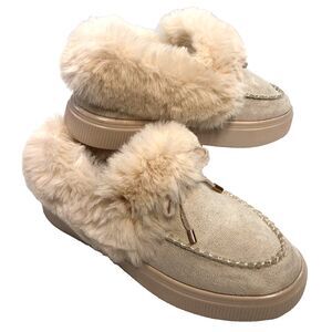 Faux Suede Slippers Womens Small Light Beige w/ Soft Fur Trim Comfy